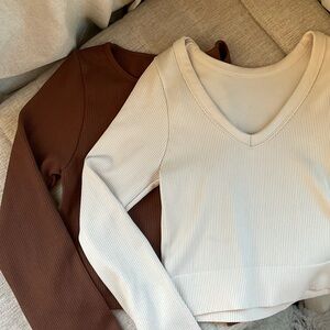 Cream and Brown Long Sleeve Ribbed Crop Tops